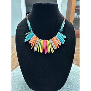 EUC Tagua Nut Bead Handmade Statement Necklace Rainbow Color Adjustable Boho